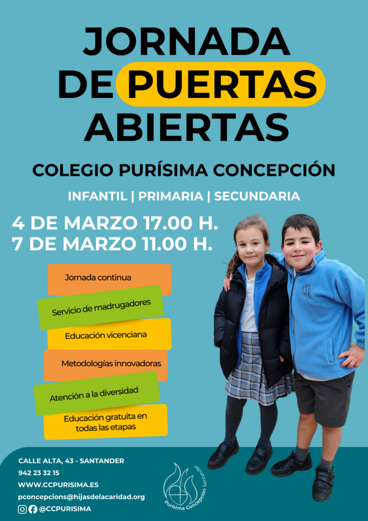 Cartel de puertas abiertas del Colegio Purísima Concepción, con dos alumnos y las fechas del 4 y 7 de marzo.