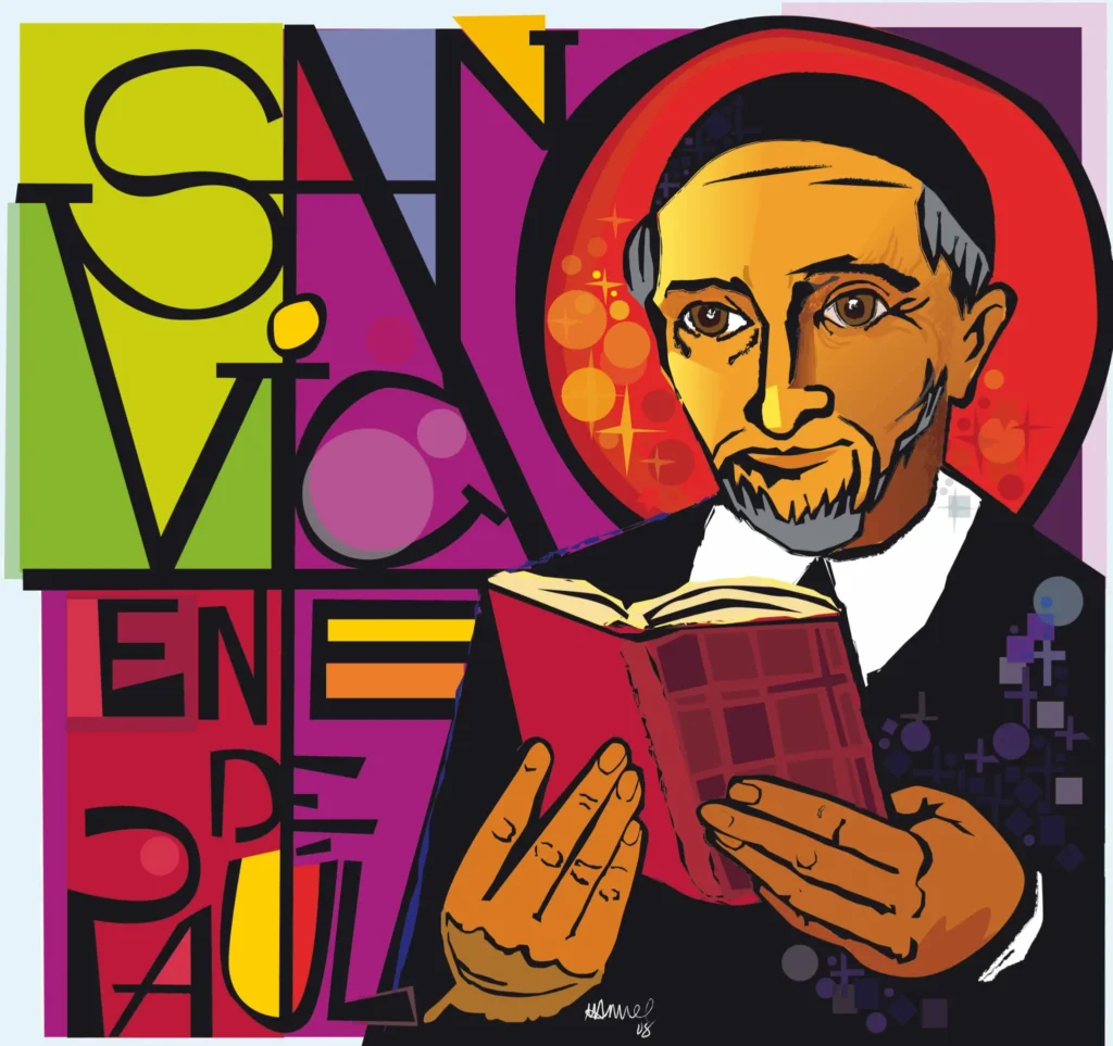 Ilustración de San Vicente de Paúl sosteniendo un libro.