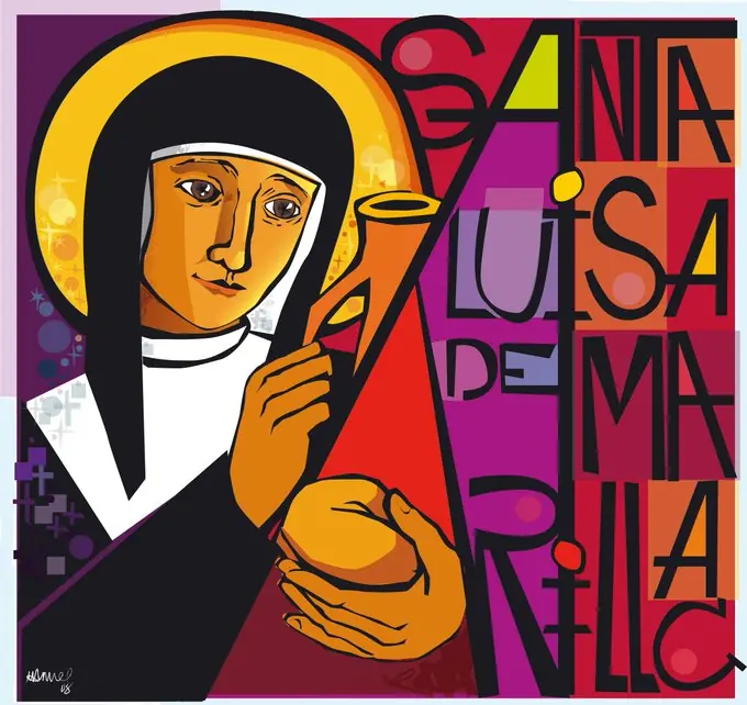 Ilustración de Santa Luisa de Marillac sosteniendo una copa y un pan.