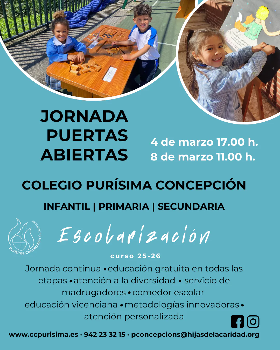 Puertas abiertas del Colegio Purísima Concepción: 4 de marzo a las 17:00 y 8 de marzo a las 11:00; escolarización 2025–2026