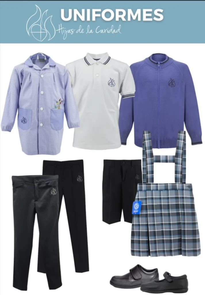 Uniformes escolares de Hijas de la Caridad: bata azul, polo blanco, chaqueta azul, pantalones, bermudas, pichi de cuadros y zapatos negros.